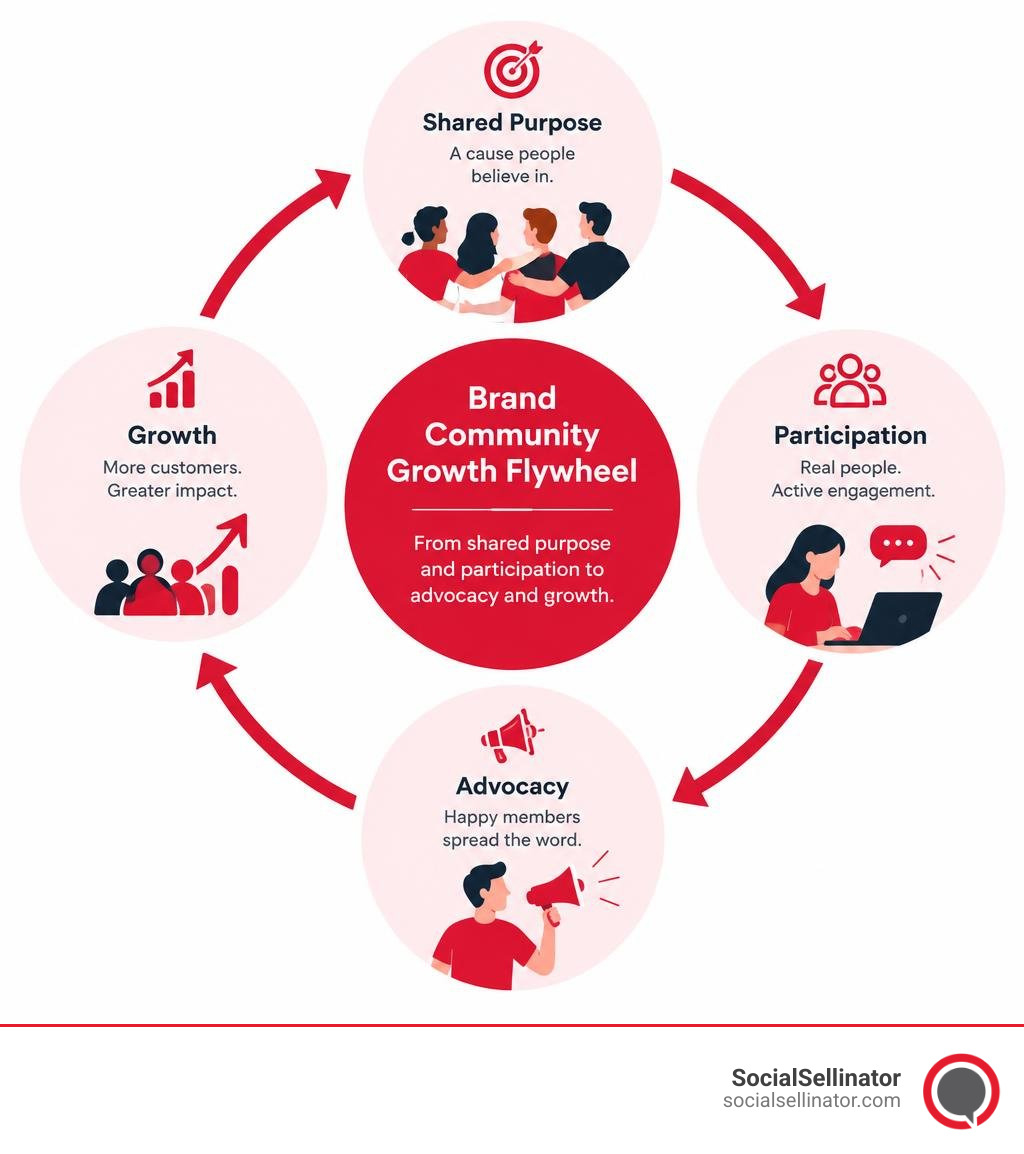 Brand community growth flywheel from shared purpose and participation to advocacy and growth infographic