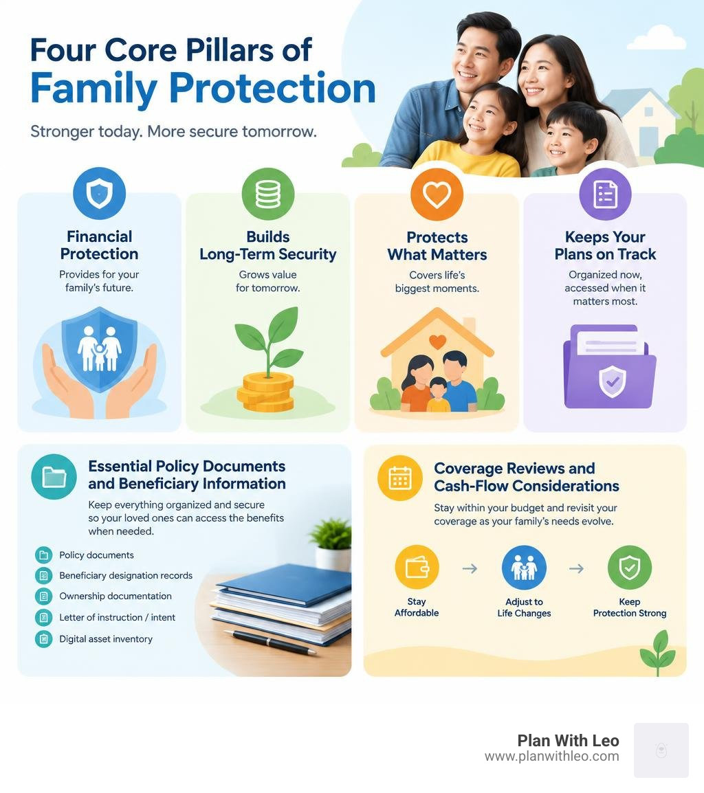 Four core pillars of family protection for an Asian family infographic
