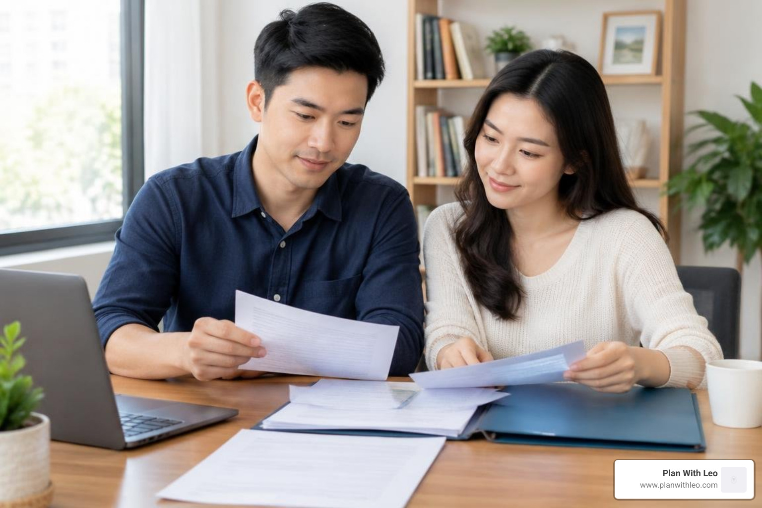 Asian couple organizing life insurance policy documents