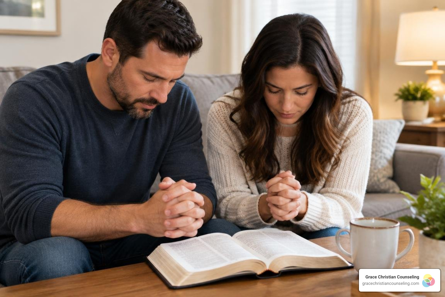 Couple doing devotional prayer at home