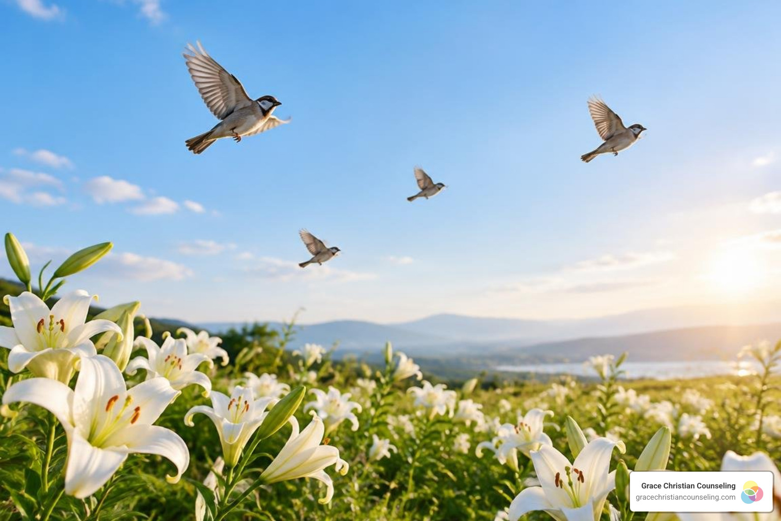 birds of the air and lilies of the field representing God's peaceful provision