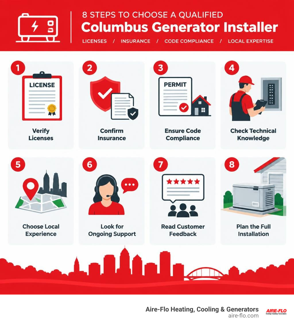 Colorful infographic showing eight steps for choosing a qualified Columbus generator installer, including licenses