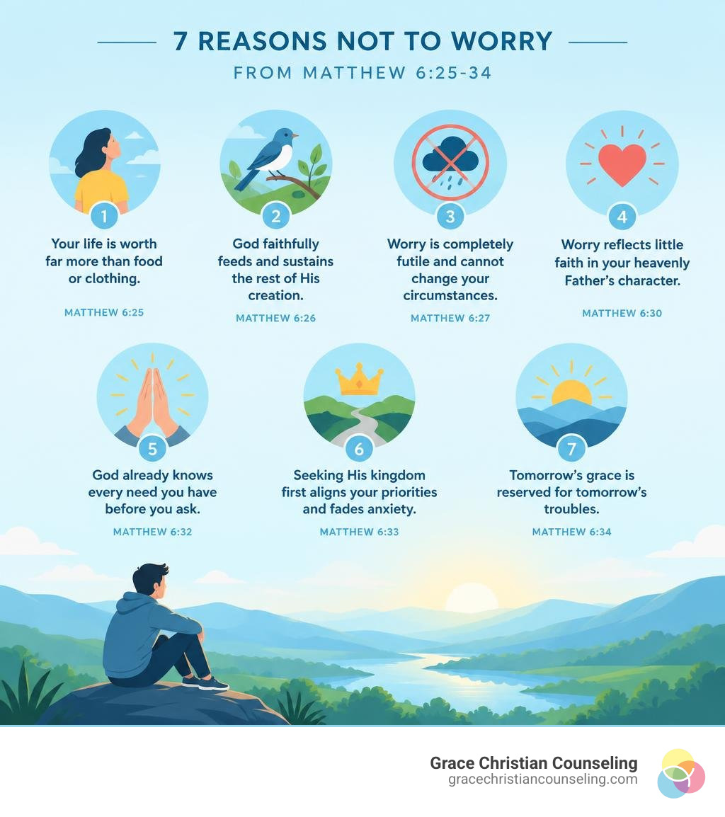 Concise infographic showing seven biblical reasons not to worry from Matthew 6:25-34 infographic
