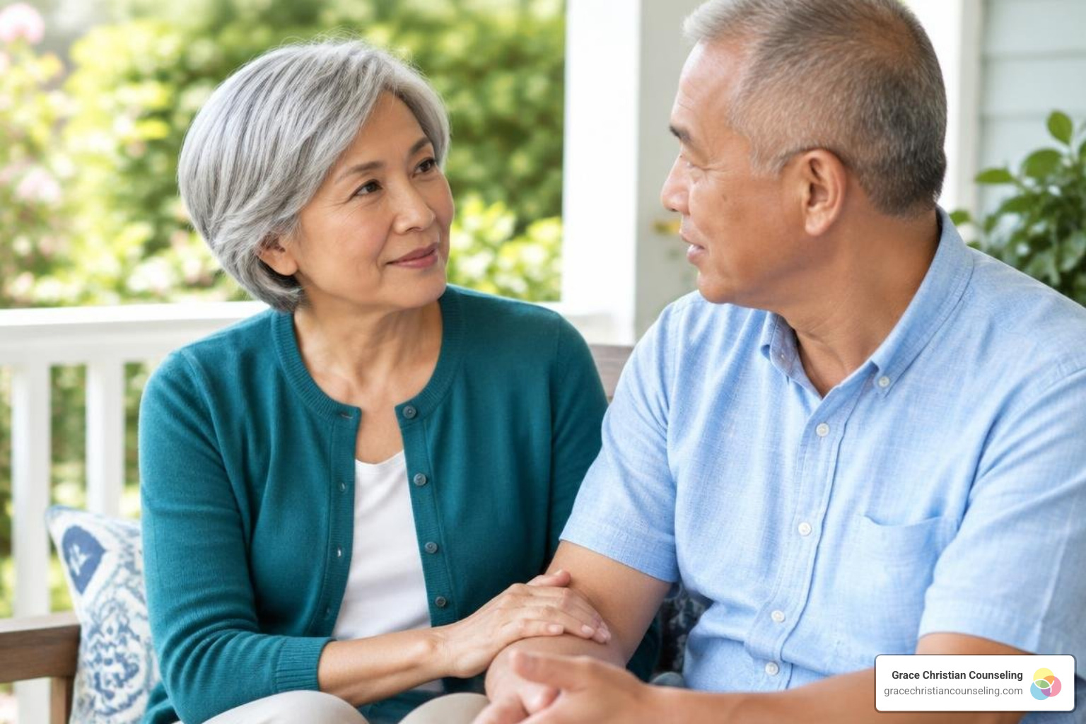 Older Asian American married couple sharing a supportive conversation outdoors Older Asian American married couple sharing a supportive conversation outdoors