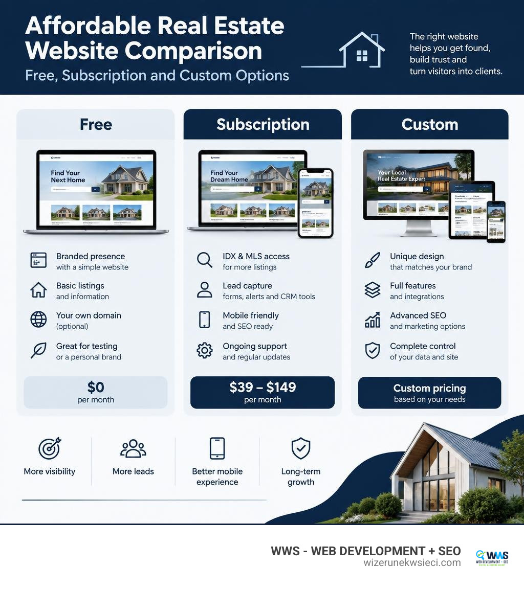 Affordable real estate website comparison: free, subscription, and custom options infographic