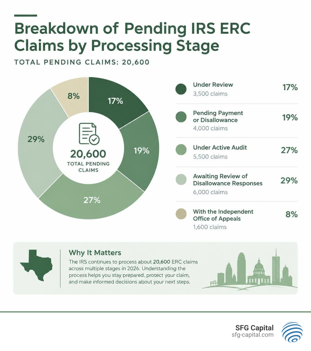 Breakdown of pending IRS ERC claims by processing stage infographic Breakdown of pending IRS ERC claims by processing stage infographic