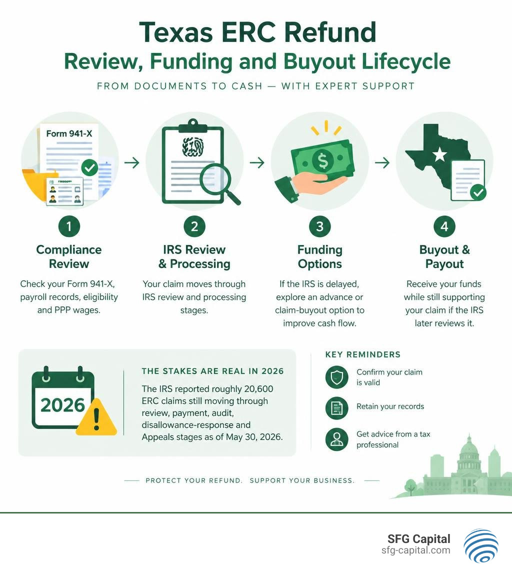 Texas ERC refund review, funding, and buyout lifecycle infographic Texas ERC refund review, funding, and buyout lifecycle infographic