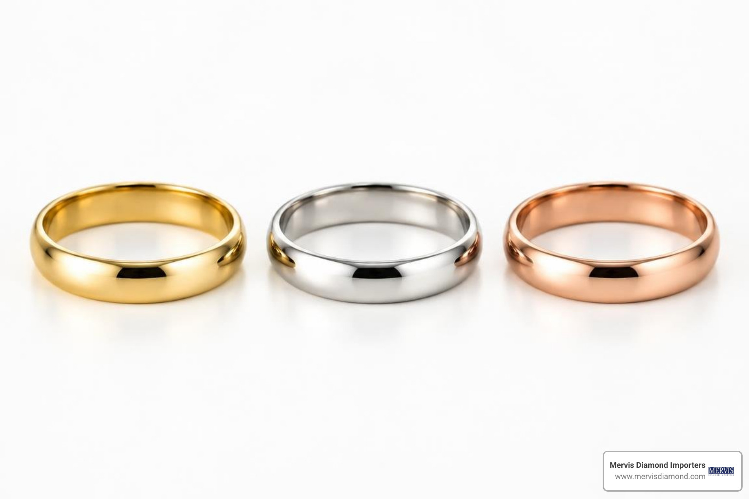 Yellow gold, white gold, and rose gold bands side-by-side