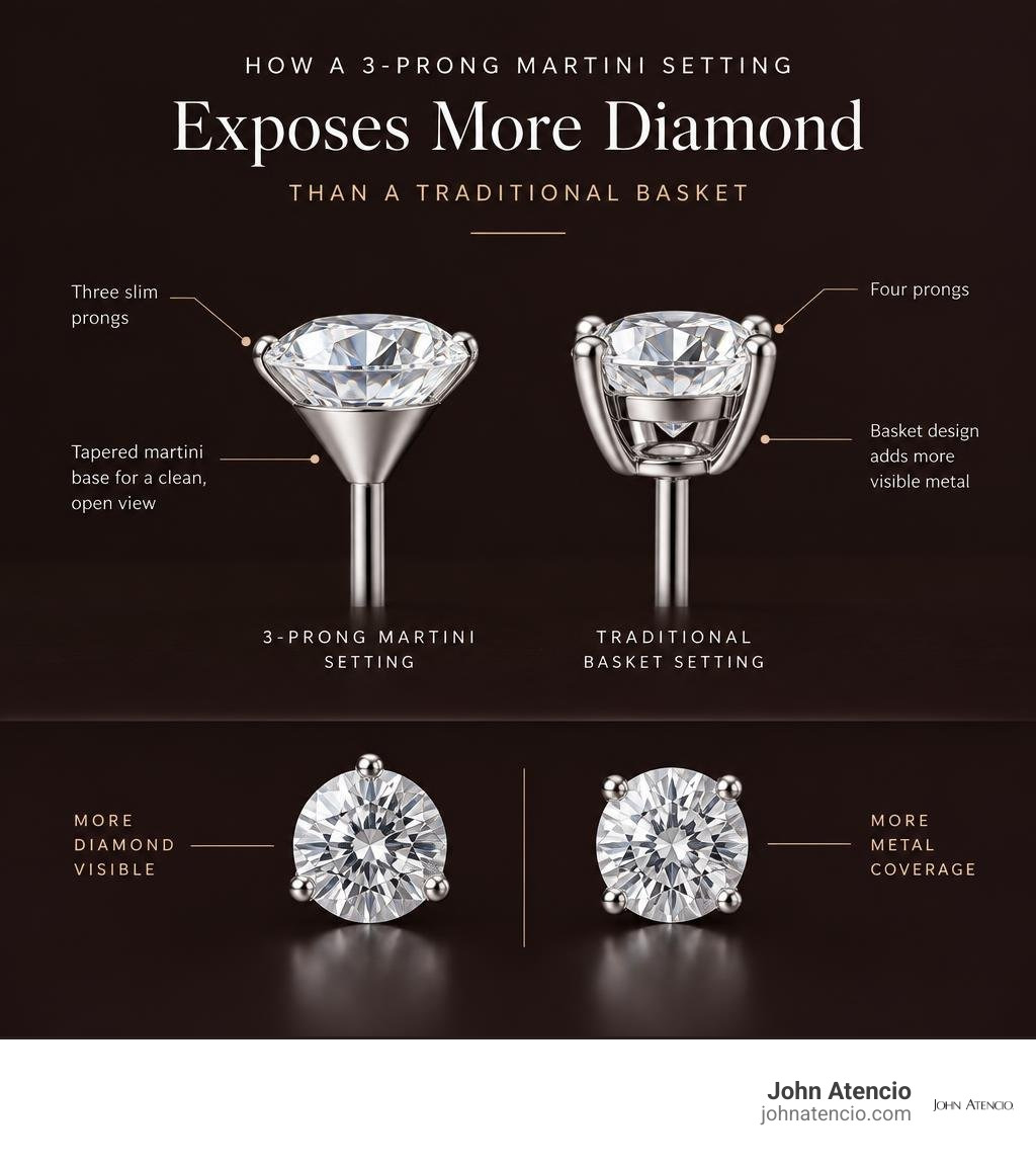 How a 3-prong martini setting exposes more diamond than a traditional basket infographic How a 3-prong martini setting exposes more diamond than a traditional basket infographic
