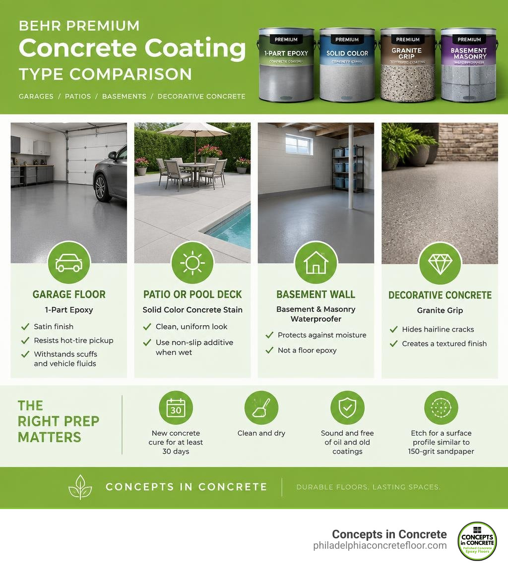 BEHR coating type comparison for garages patios basements and decorative concrete infographic