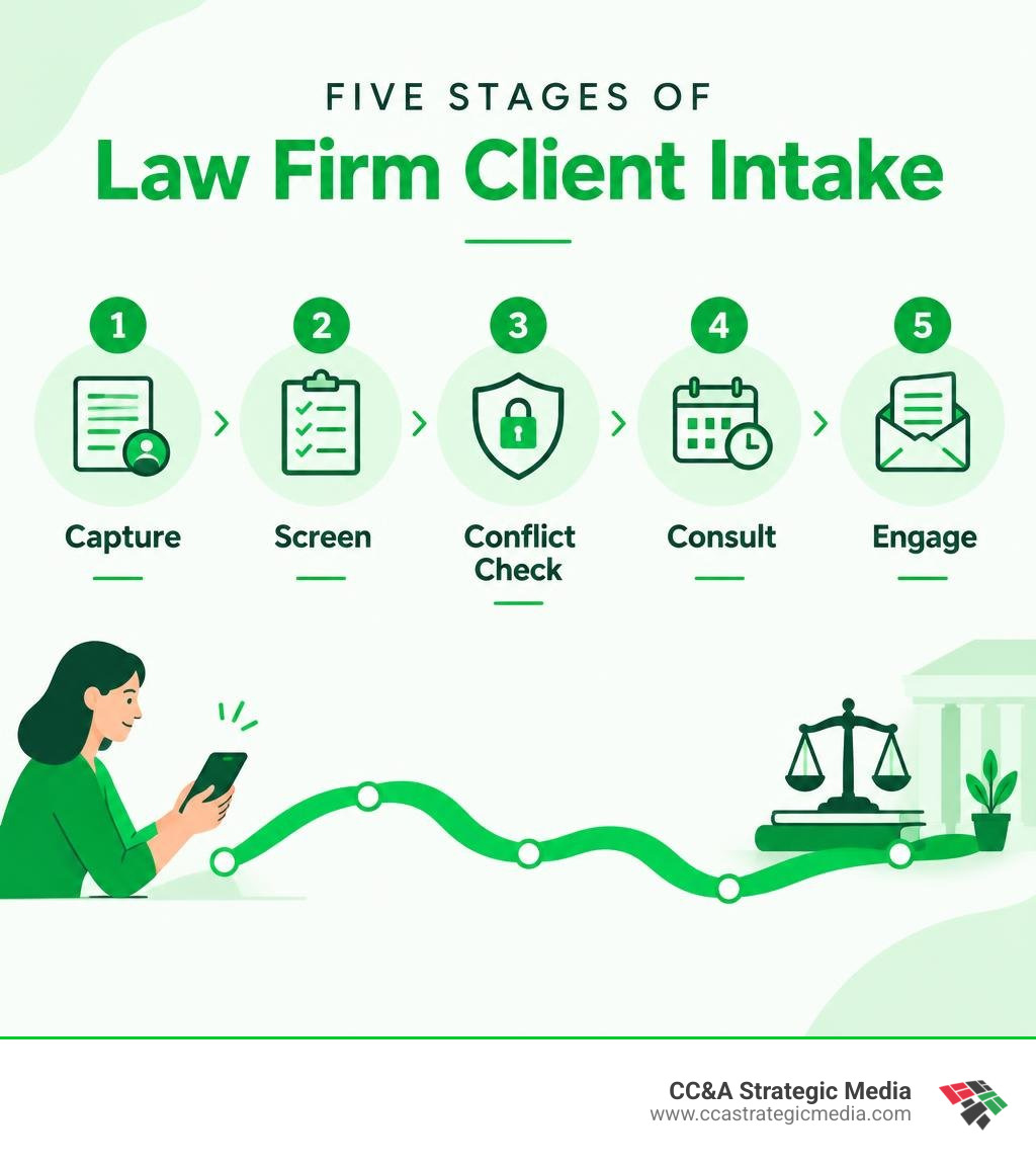 Five stages of law firm client intake: capture, screen, conflict check, consult, engage infographic
