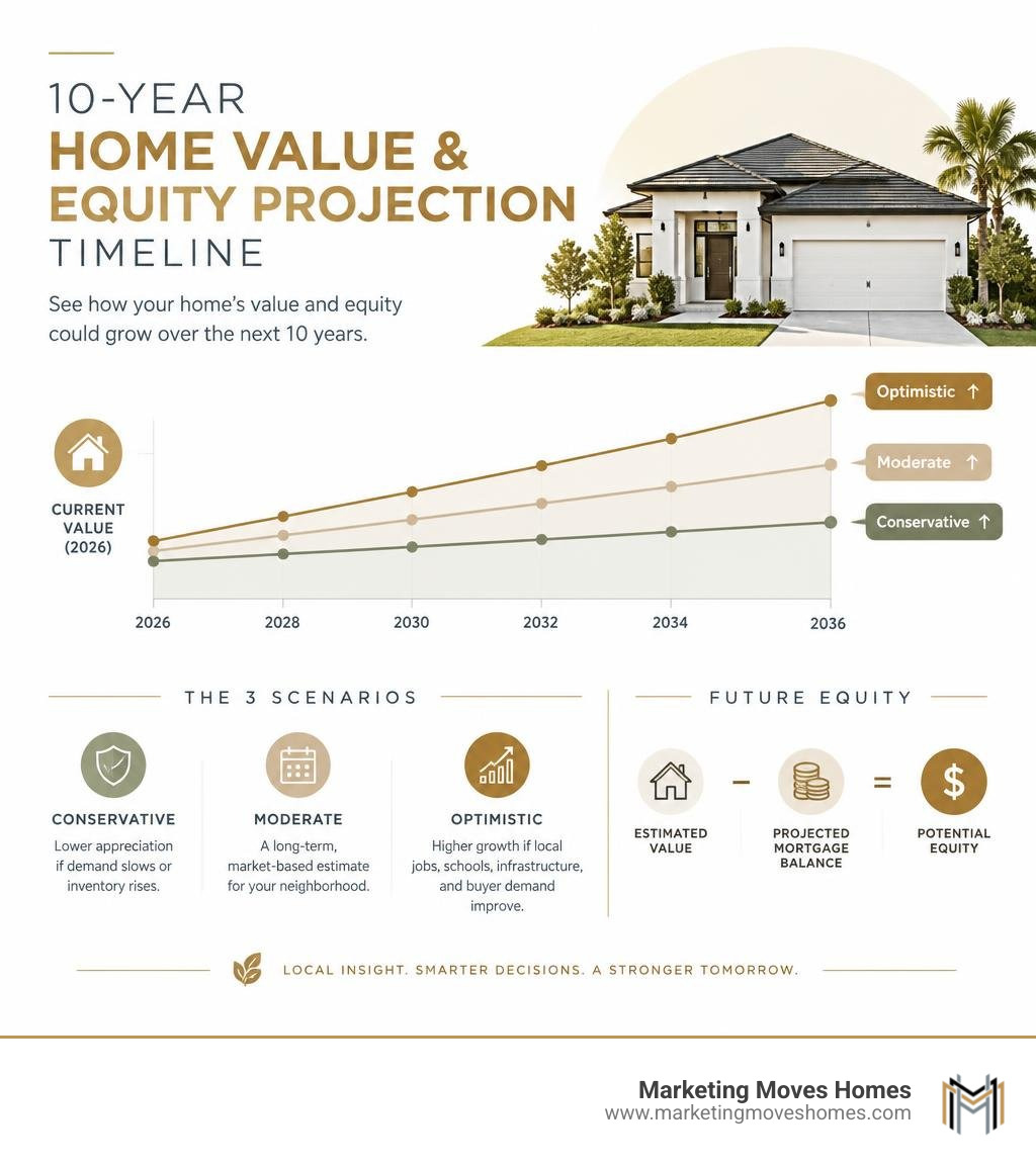 10-year home value and equity projection timeline infographic