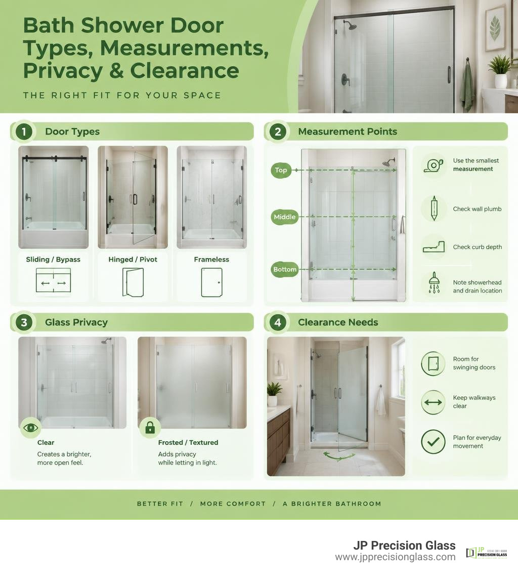 Bath shower door types, measurement points, glass privacy, and clearance needs infographic Bath shower door types, measurement points, glass privacy, and clearance needs infographic