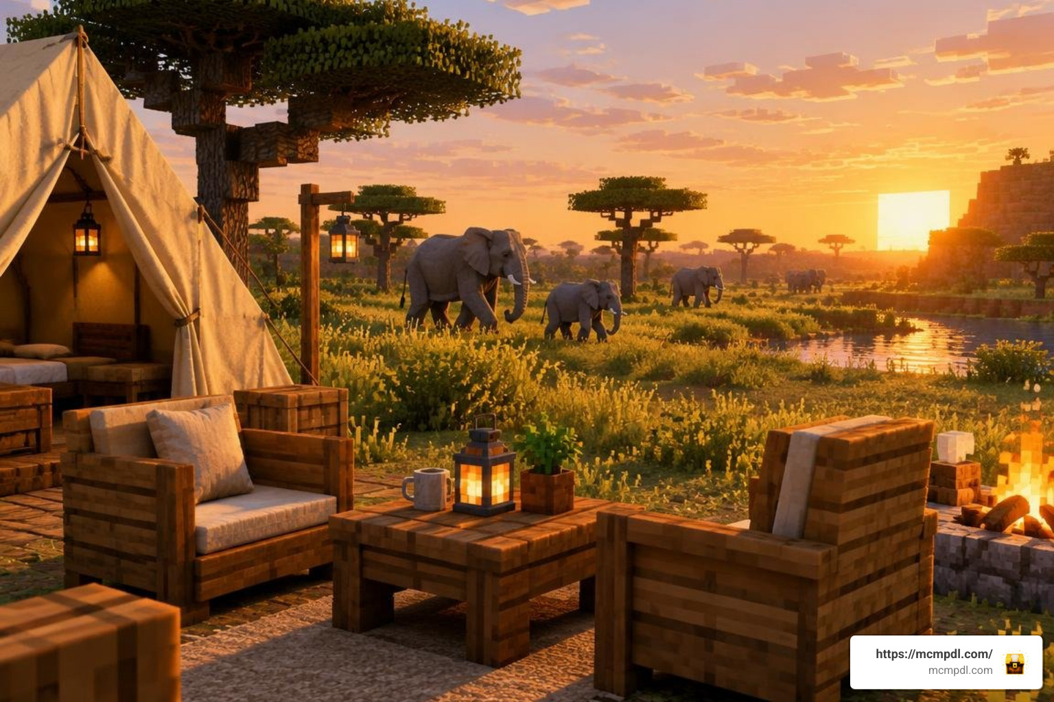 Safari landscapes featuring elephants, custom trees, and crafted furniture Safari landscapes featuring elephants, custom trees, and crafted furniture