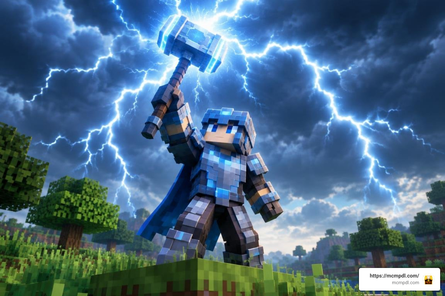 Minecraft player wielding Mjolnir with lightning