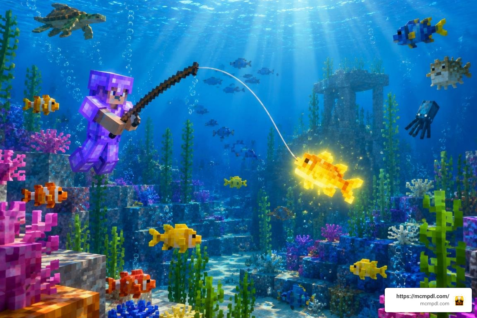 Diverse marine wildlife and rare fish catches in Minecraft PE