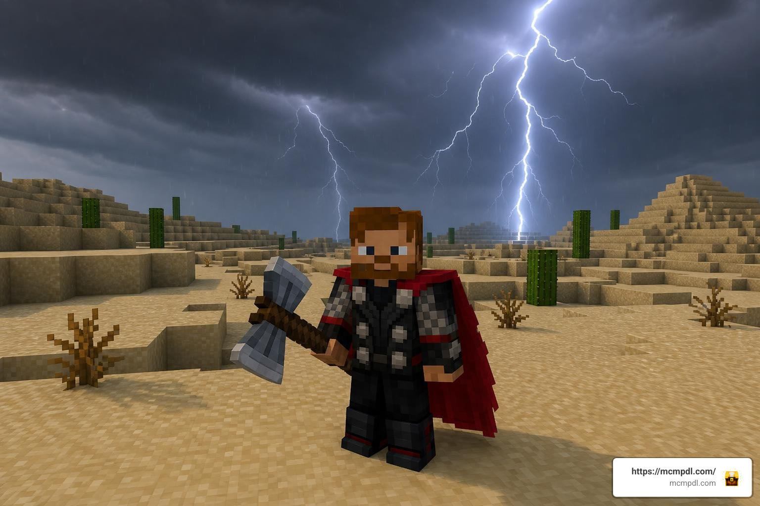 Thor costume variants and Stormbreaker in Minecraft Bedrock