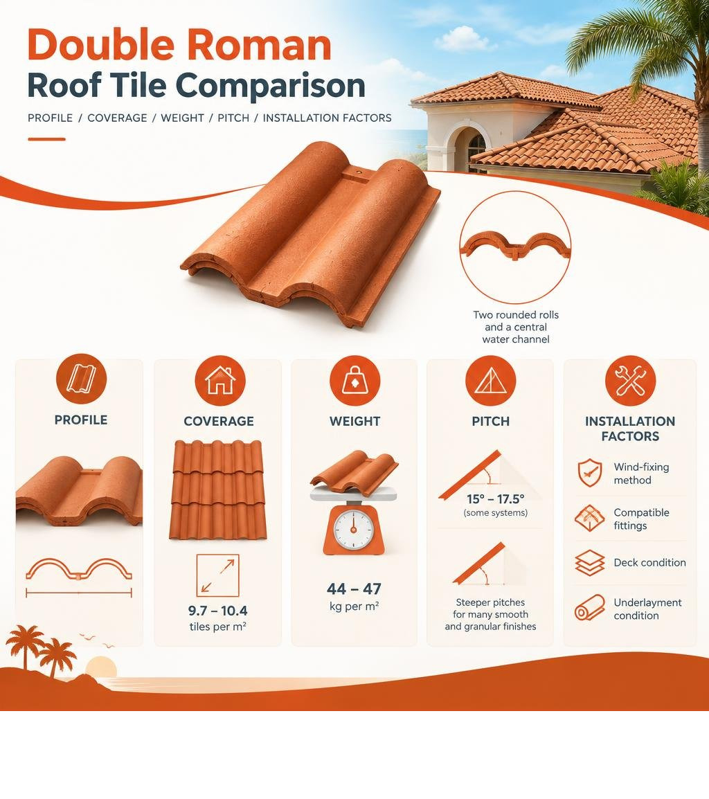 Double Roman roof tile comparison: profile, coverage, weight, pitch, and installation factors infographic Double Roman roof tile comparison: profile, coverage, weight, pitch, and installation factors infographic