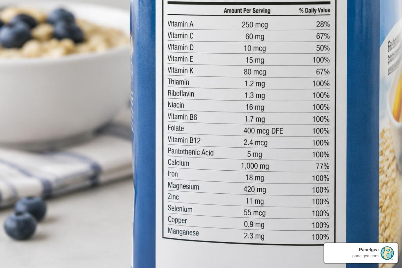 Vitamin and mineral quantitative amounts and percent daily value table