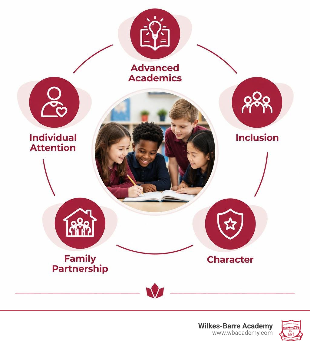 Infographic showing advanced learning, individual attention, inclusion, family partnership, and character infographic