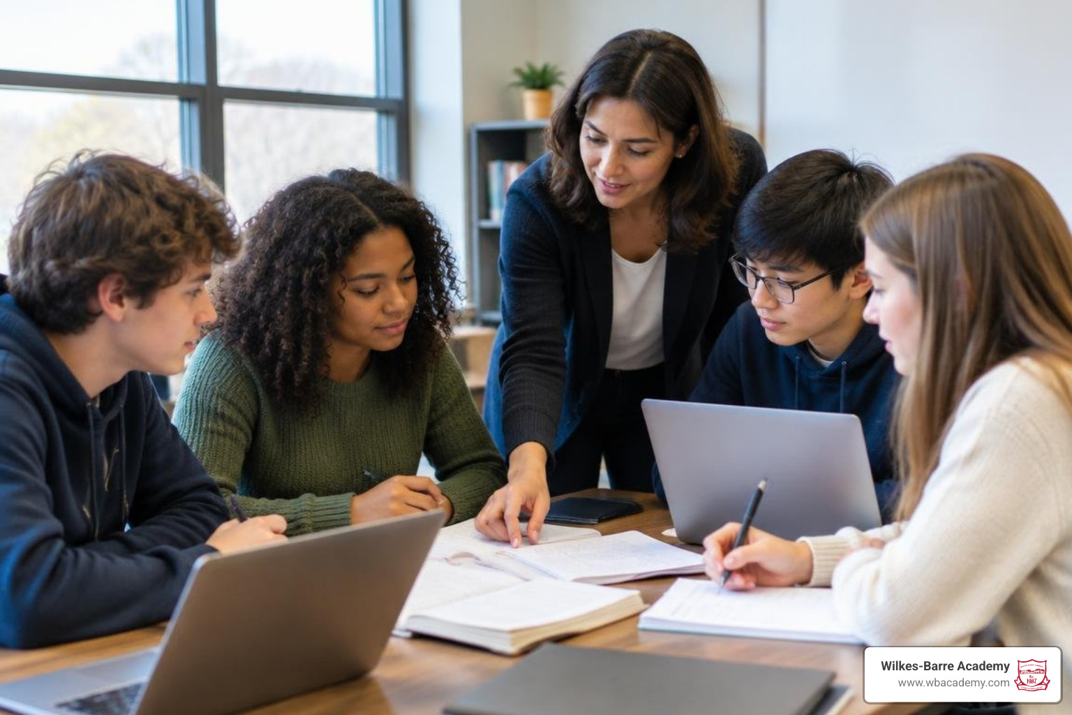 Wilkes-Barre Academy faculty member collaborating with students on a challenging academic project