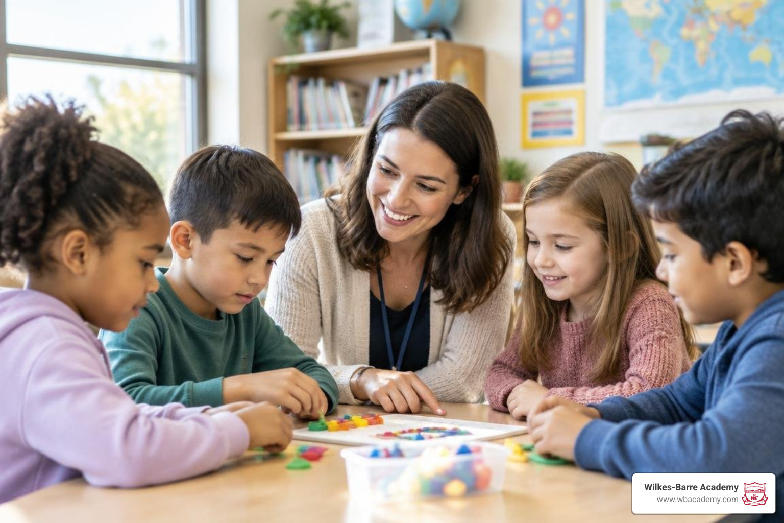 Wilkes-Barre Academy teacher working closely with elementary students in a small classroom