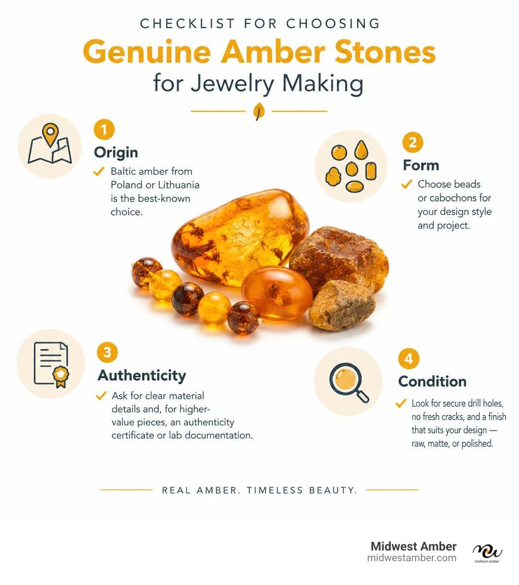 Checklist for choosing genuine amber stones for jewelry making infographic