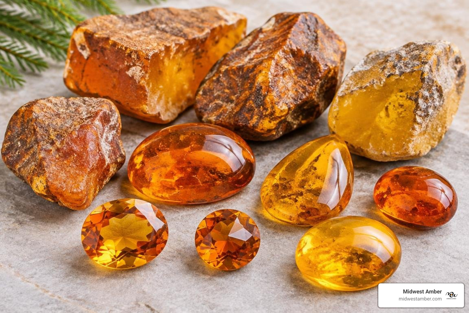 Raw Baltic amber rough specimens next to faceted and tumbled amber cabochons