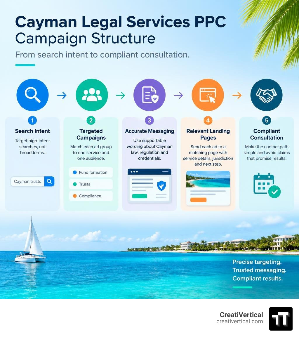 Cayman legal PPC campaign structure from search intent to compliant consultation infographic