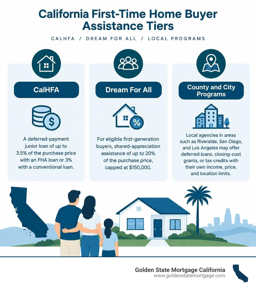 California first-time buyer assistance tiers: CalHFA, Dream For All, and local programs infographic California first-time buyer assistance tiers: CalHFA, Dream For All, and local programs infographic