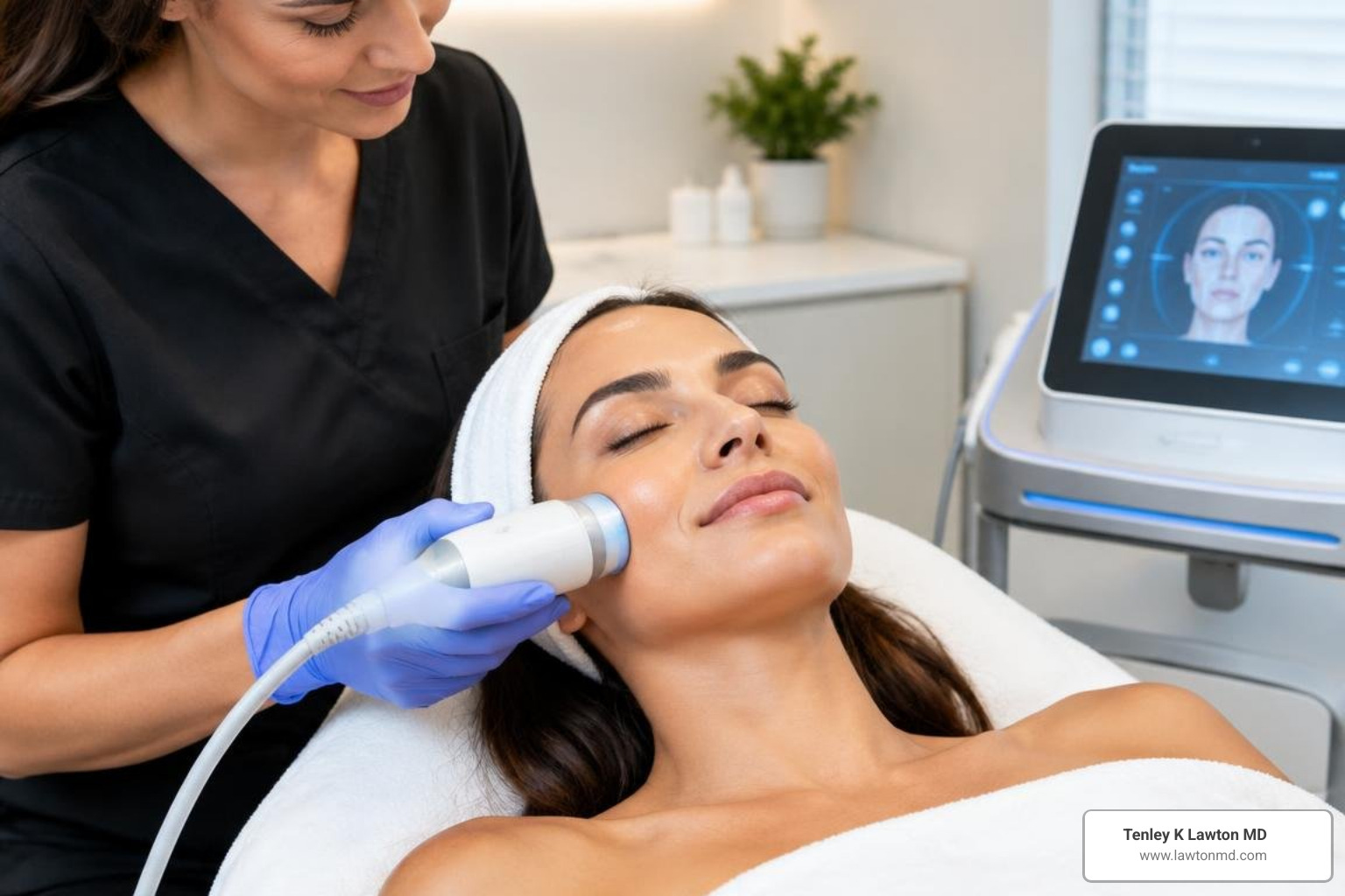 Patient undergoing a modern non-surgical skin tightening session