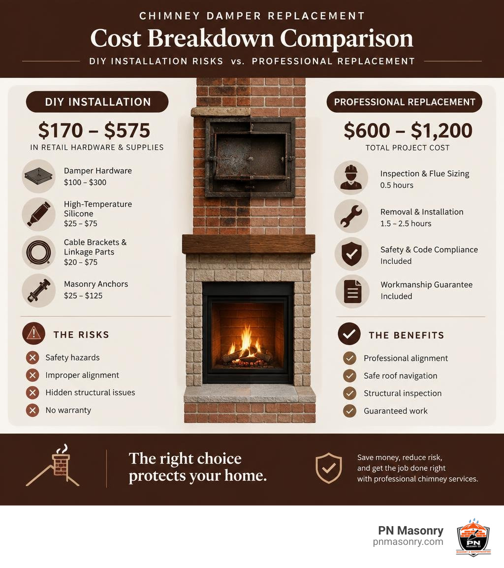 Cost breakdown comparison between DIY installation risks and professional damper replacement infographic