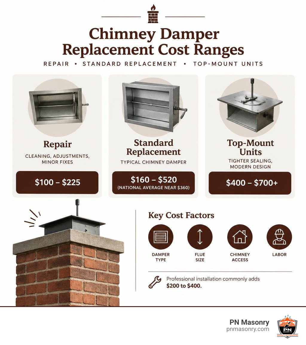 Chimney damper replacement cost ranges for repair, standard replacement, and top-mount units infographic