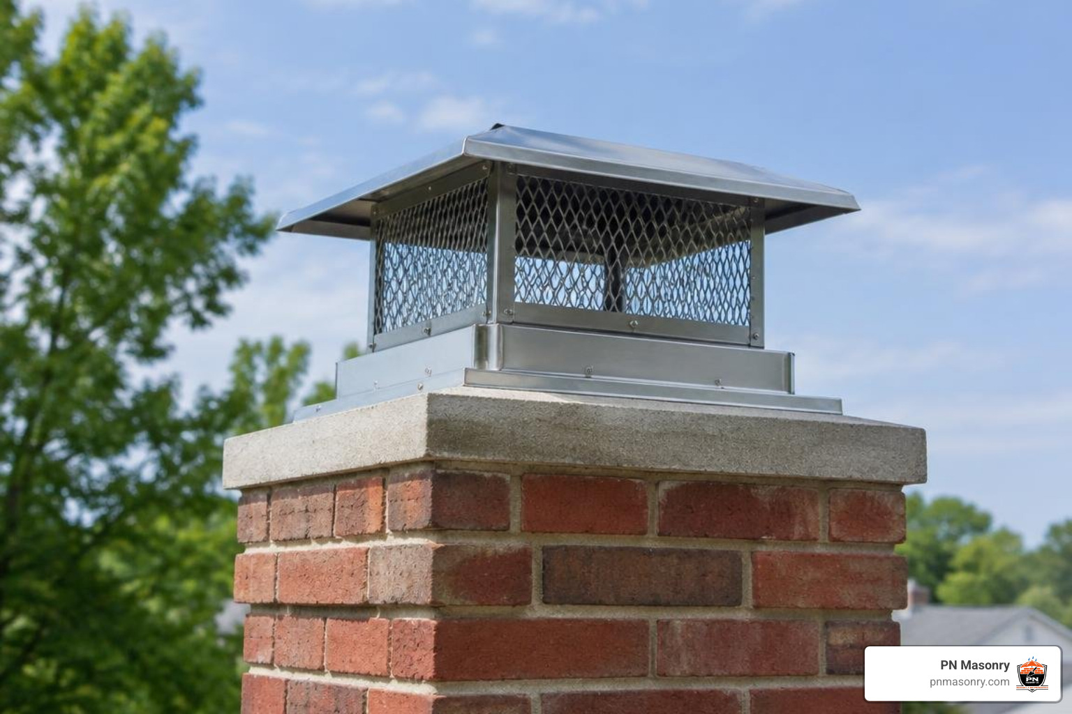 newly installed top-mount damper cap on a brick chimney
