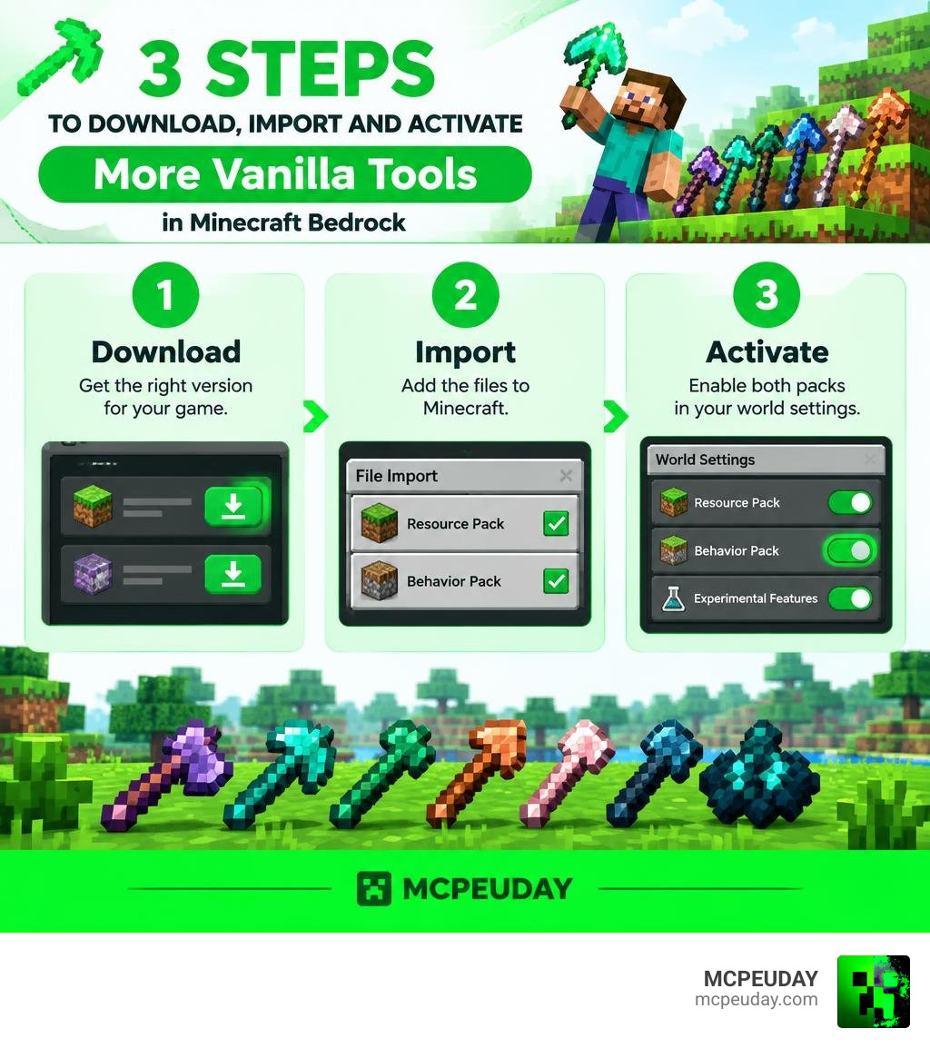Three steps to download import and activate More Vanilla Tools in Minecraft Bedrock infographic Three steps to download import and activate More Vanilla Tools in Minecraft Bedrock infographic