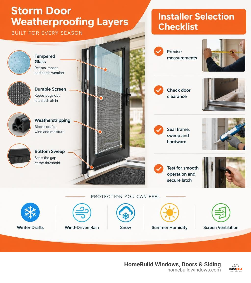 Storm door weatherproofing layers and installer selection checklist infographic Storm door weatherproofing layers and installer selection checklist infographic