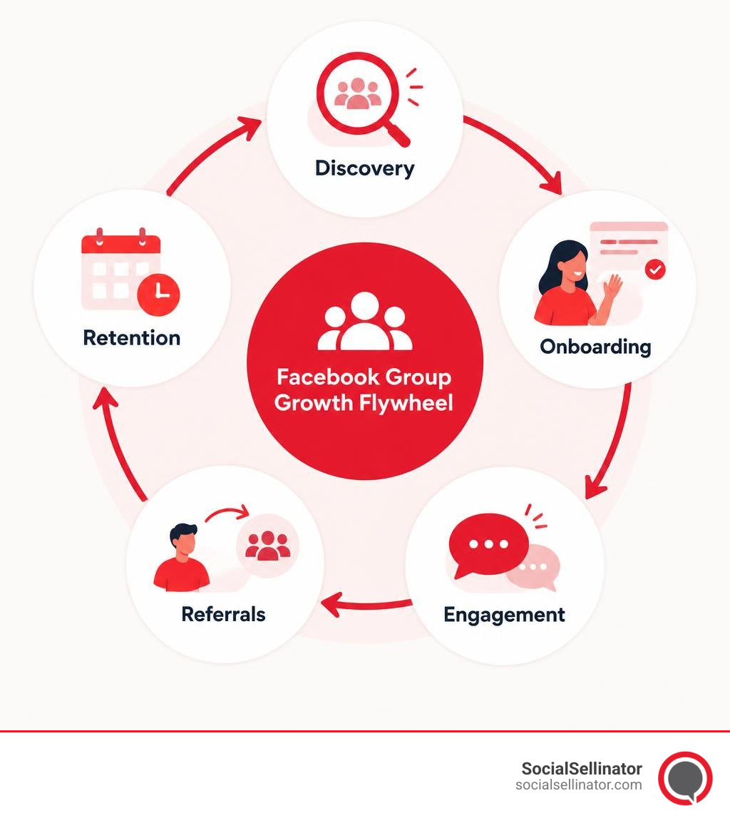 Facebook Group growth flywheel: discovery, onboarding, engagement, referrals, and retention infographic