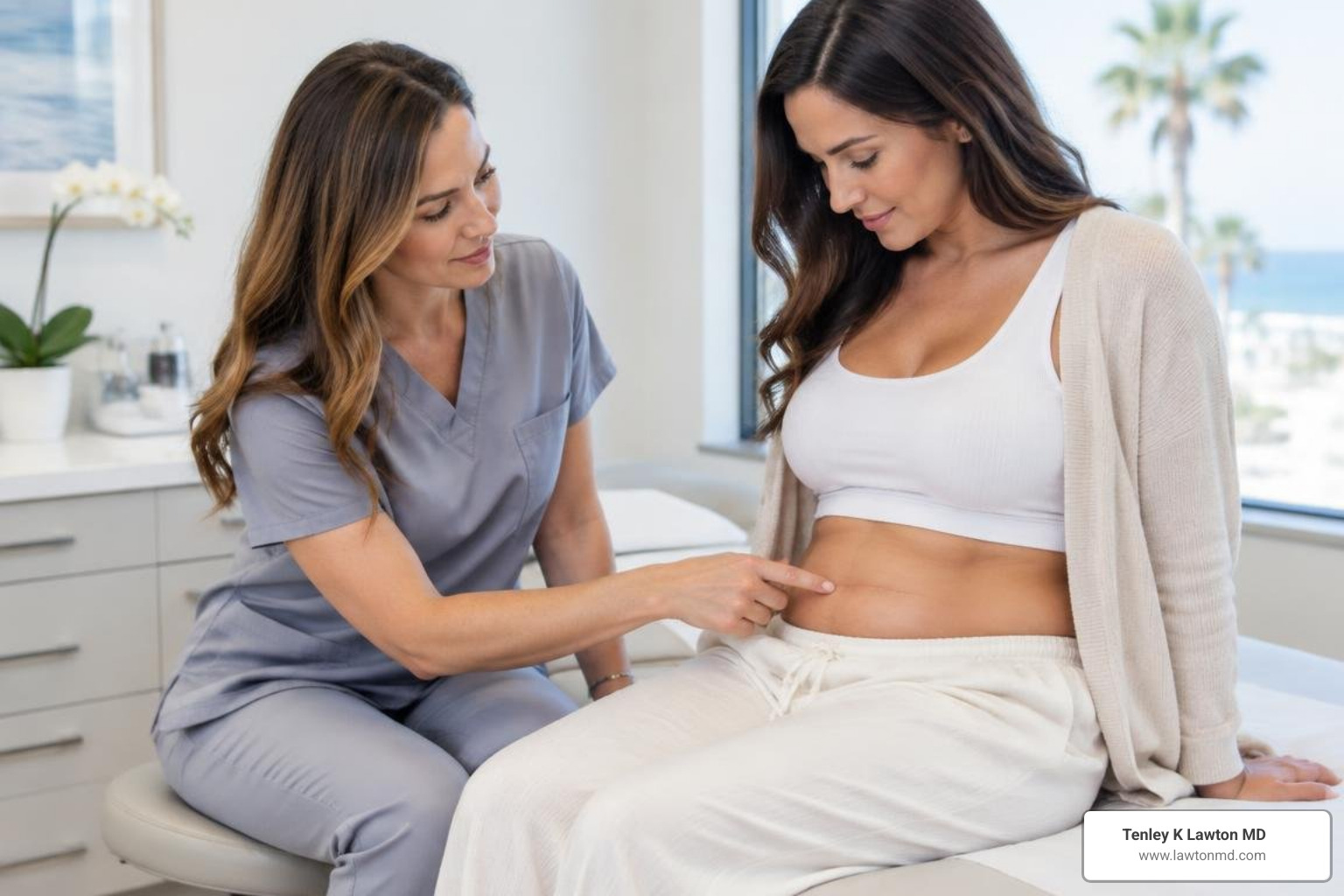 Clinician consulting with a patient about non-surgical body skin and scar care after a mommy makeover