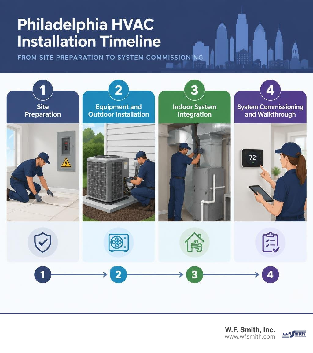 Colorful four-step infographic showing the Philadelphia HVAC installation timeline from site preparation through system
