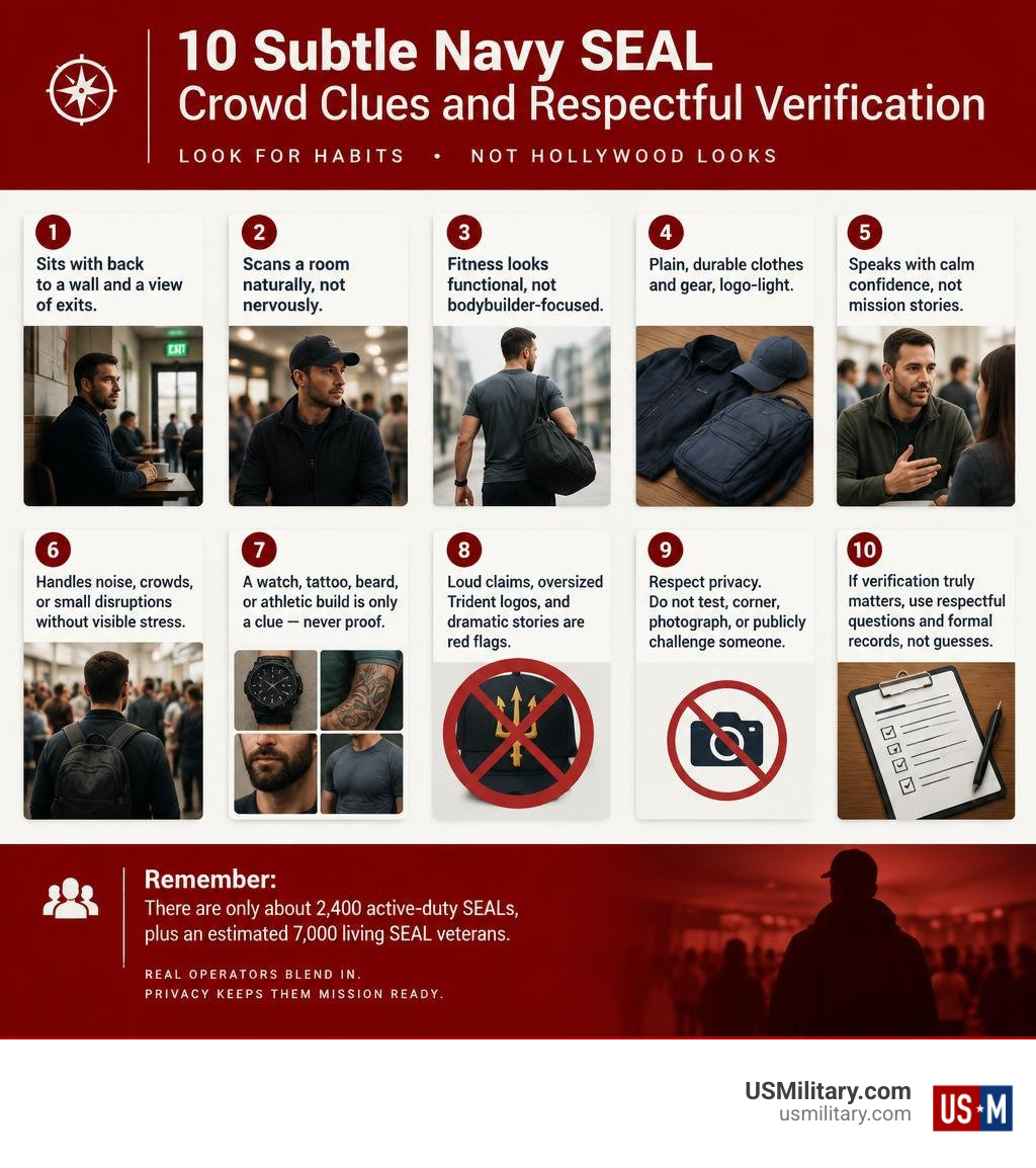 Infographic of ten subtle Navy SEAL crowd clues and respectful verification infographic