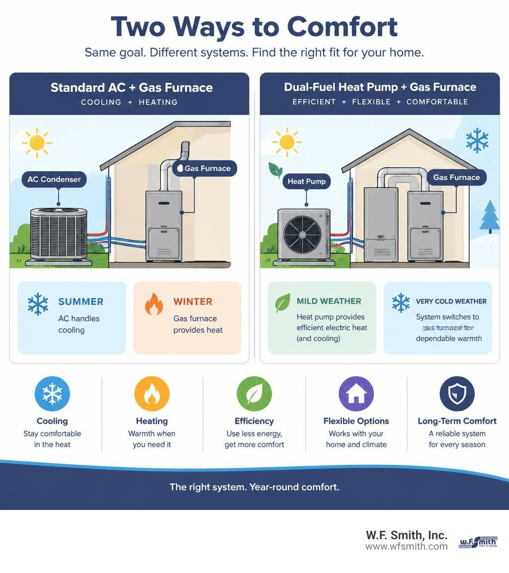 Colorful HVAC infographic comparing a standard AC and gas furnace system with a dual-fuel heat pump and gas furnace system Colorful HVAC infographic comparing a standard AC and gas furnace system with a dual-fuel heat pump and gas furnace system