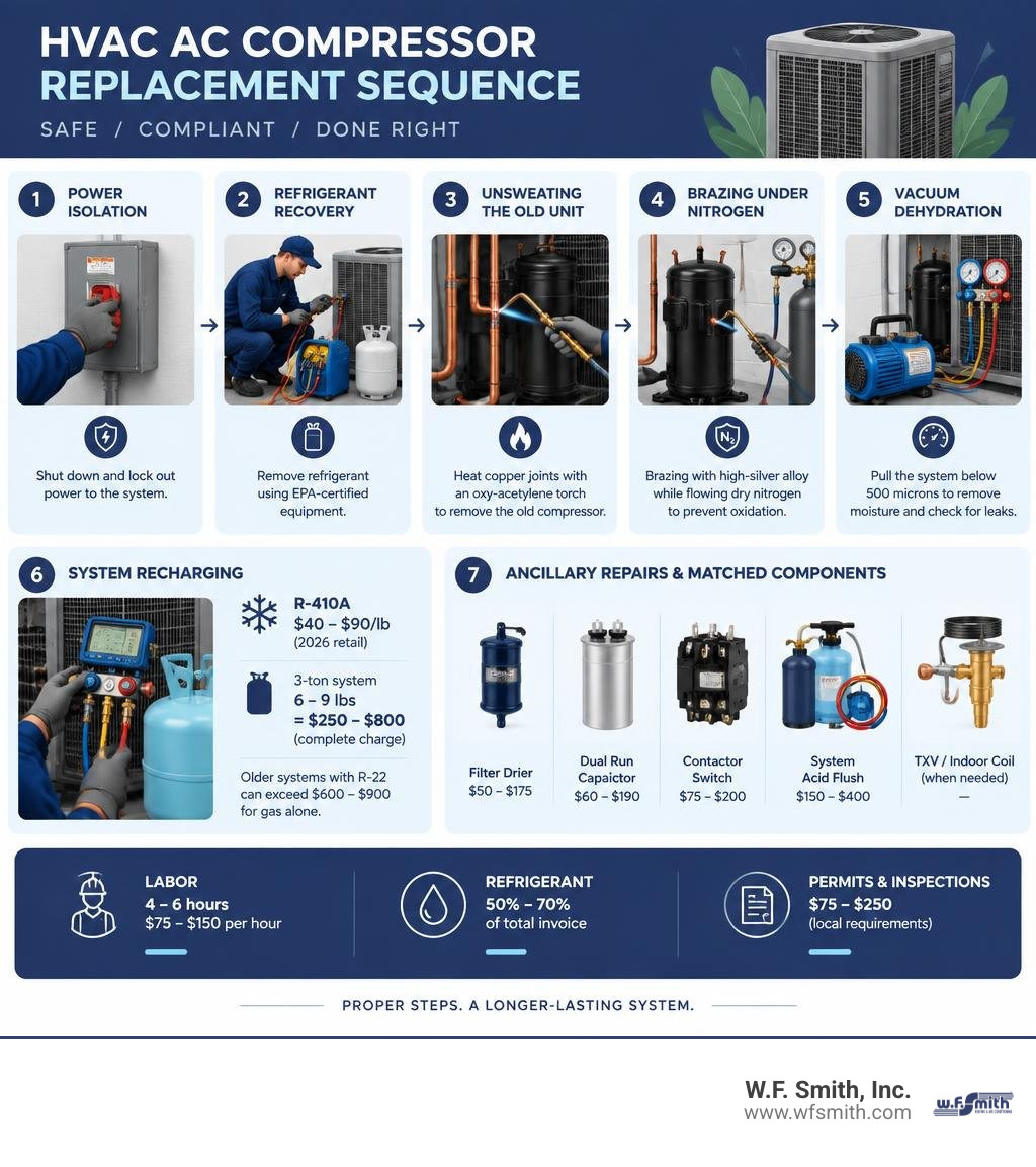 Colorful infographic showing the professional HVAC AC compressor replacement sequence from power isolation and refrigerant Colorful infographic showing the professional HVAC AC compressor replacement sequence from power isolation and refrigerant