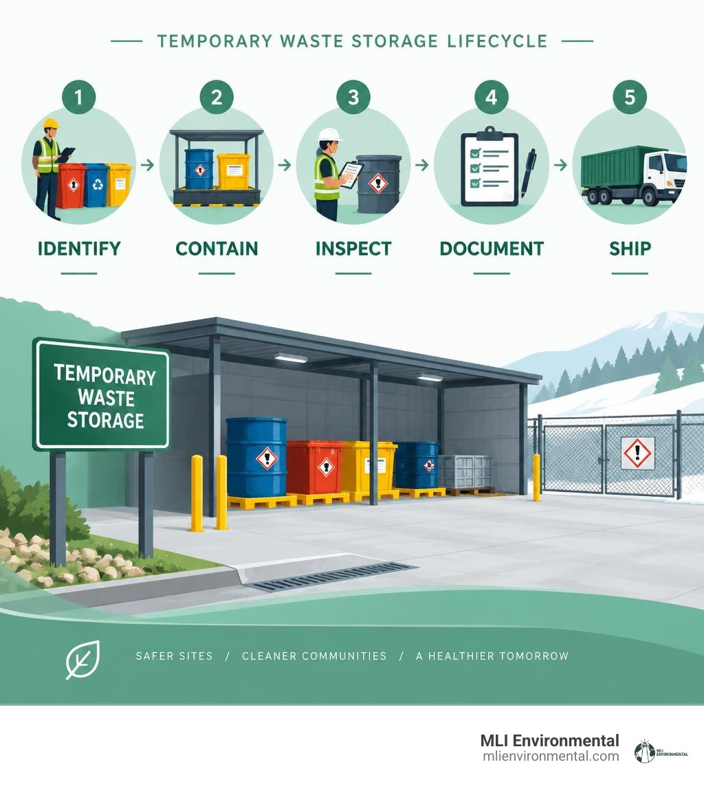Temporary waste storage lifecycle: identify, contain, inspect, document, ship infographic Temporary waste storage lifecycle: identify, contain, inspect, document, ship infographic