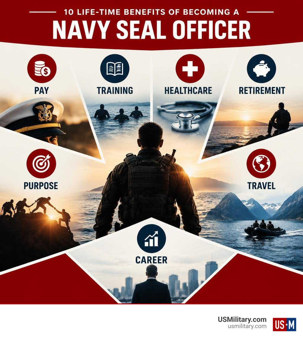 Infographic showing pay, training, healthcare, retirement, purpose, travel, and career benefits infographic