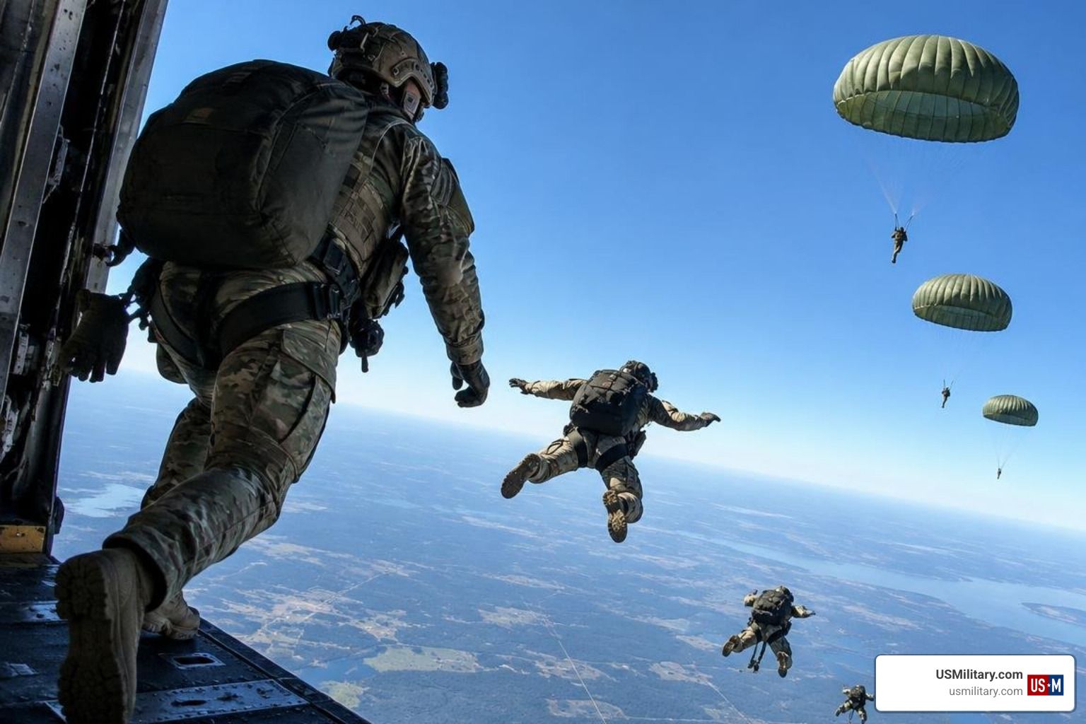 SEAL team operators executing high-altitude jump training