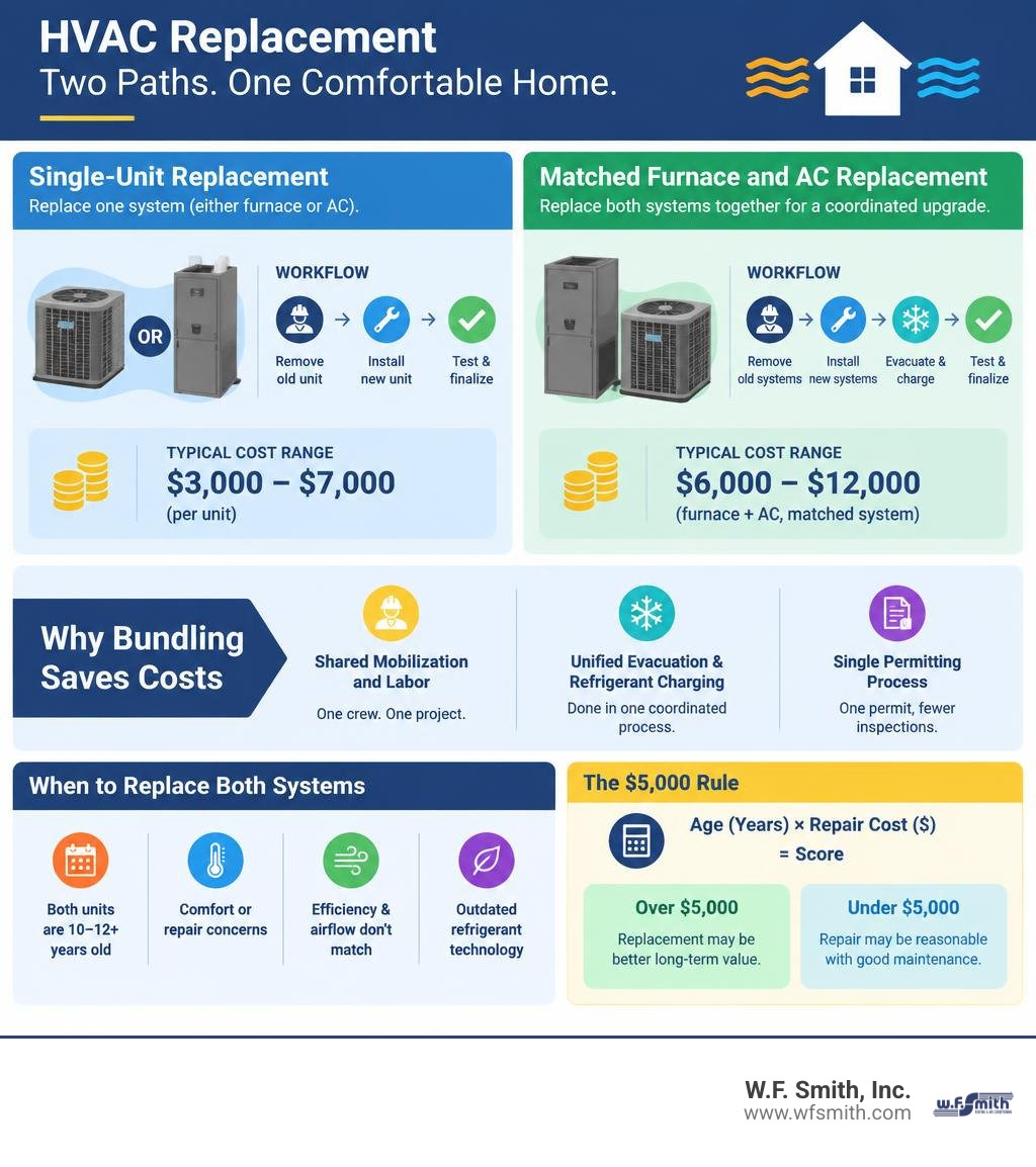 Colorful infographic comparing single-unit HVAC replacement with a matched furnace and AC system replacement, including Colorful infographic comparing single-unit HVAC replacement with a matched furnace and AC system replacement, including