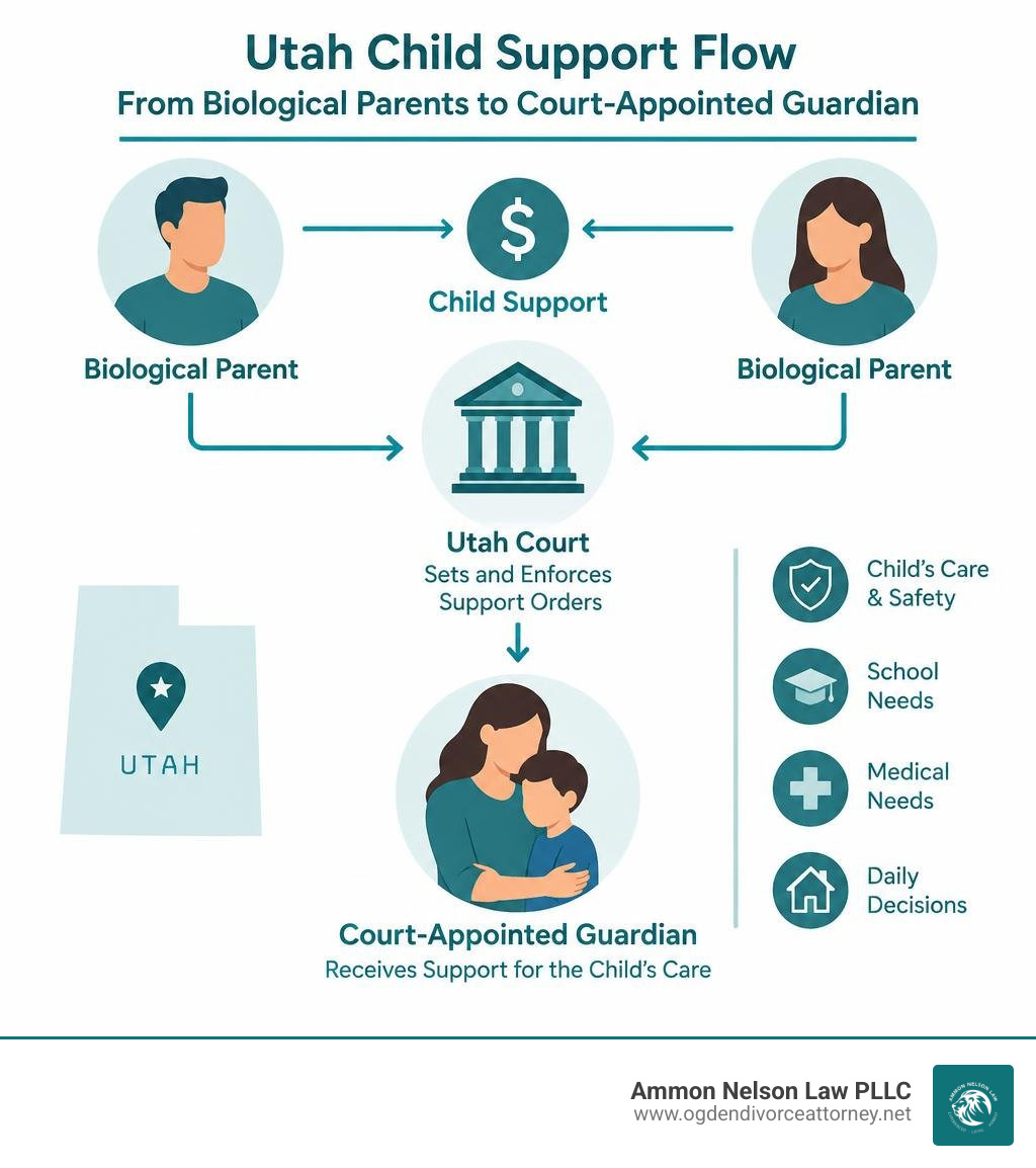 Utah child support flow from biological parents to court-appointed guardian infographic Utah child support flow from biological parents to court-appointed guardian infographic