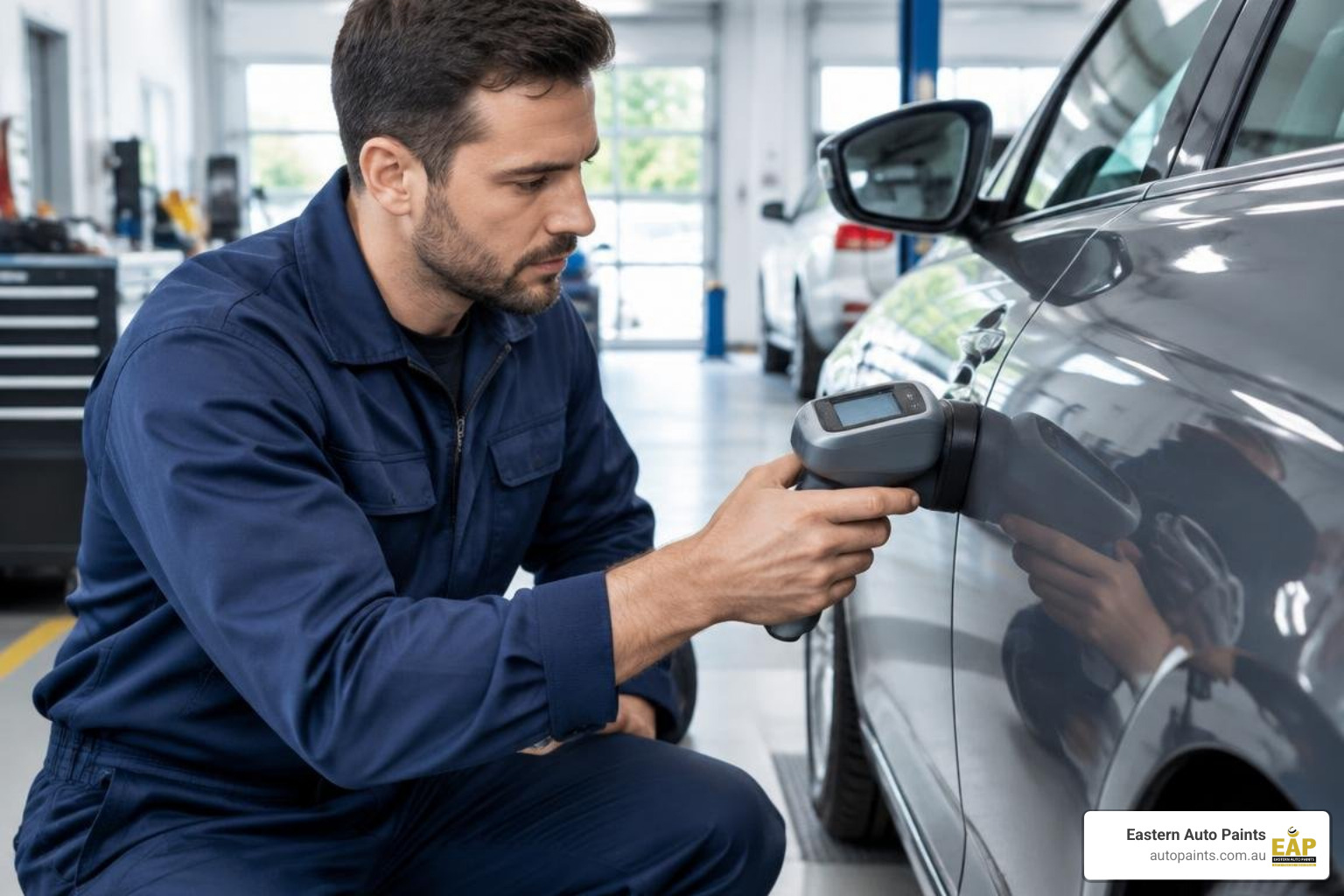 technician using digital spectrophotometer for automotive colour matching