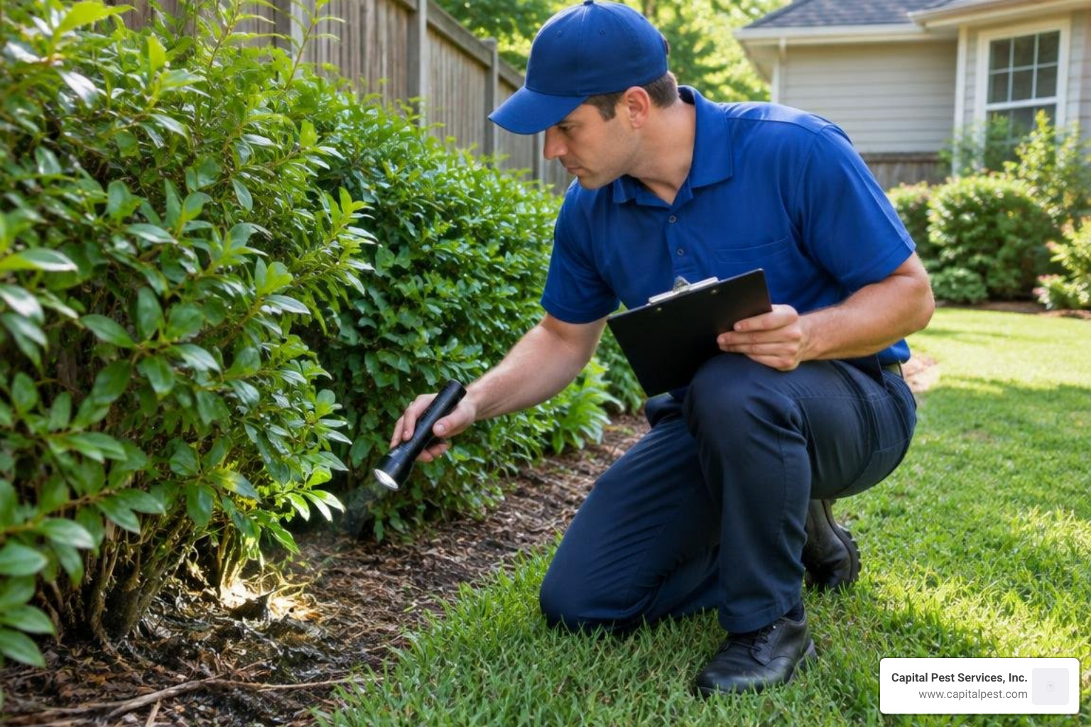 technician inspecting yard perimeter for mosquito breeding spots