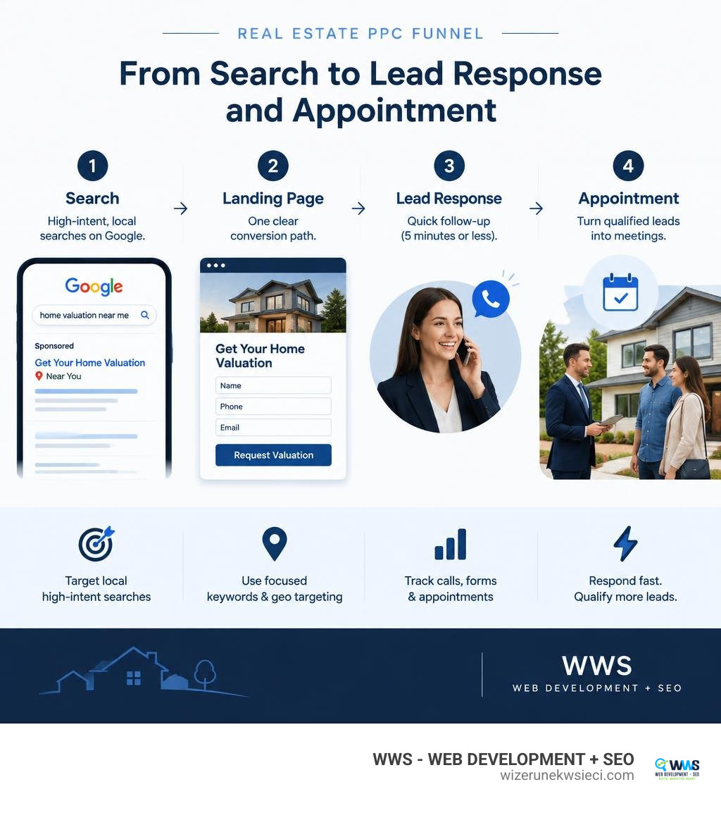 Real estate PPC funnel from search to lead response and appointment infographic